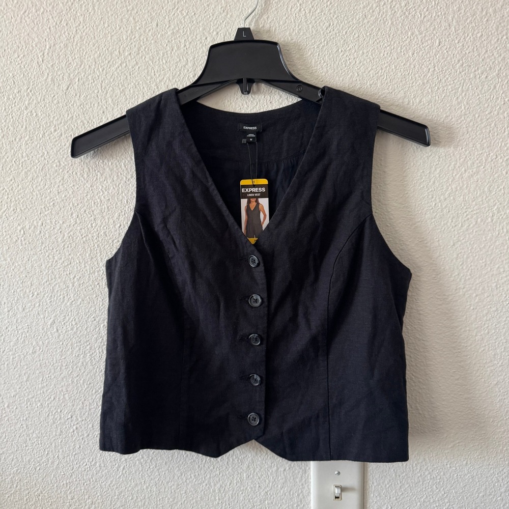 Express Linen Vest Women M Black Button Up Vneck Tailored 90s Corporate Academia